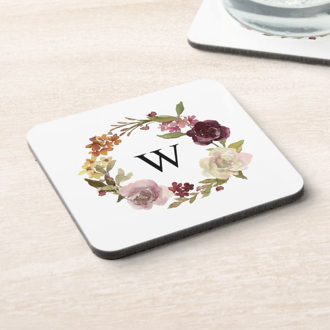 Floral Watercolor Wreath Monogram White Getränkeuntersetzer (Linke Seite)
