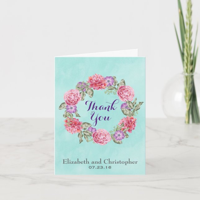 Floral Watercolor Wreath Wedding Vielen Dank Dankeskarte (Vorderseite)