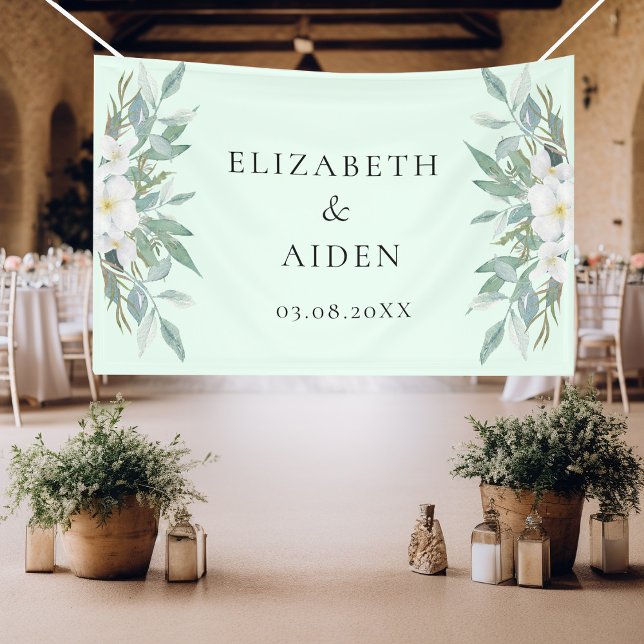 Floral  Wedding  Banner (Beautiful, botanical, greenery & elegant, white flower, banner with your name and date.)