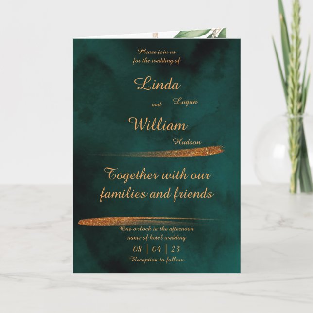 Floral Wedding Deep Sea Dark Green & Gold Einladung (Vorderseite)
