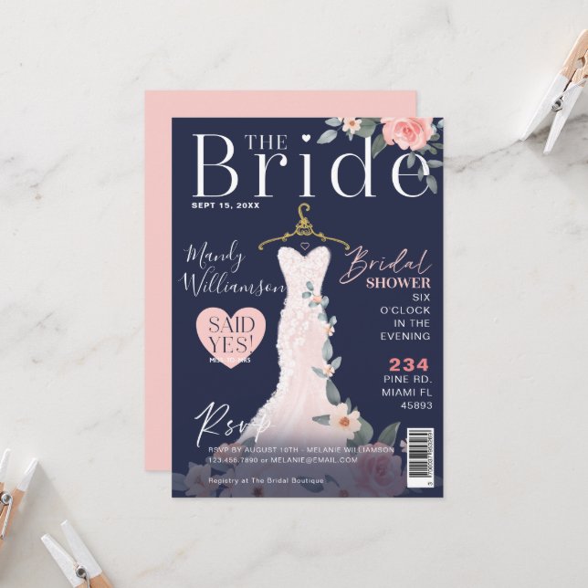 Floral Wedding Dress Brautparty Titelblatt Einladung (Vorderseite/Rückseite Beispiel)