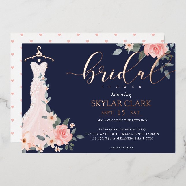 Floral Wedding Dress Navy Brautparty Folieneinladung (Vorderseite/Rückseite)