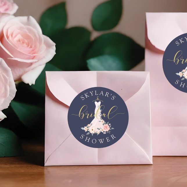 Floral Wedding Dress Navy Brautparty Runder Aufkleber (Floral Wedding Dress Navy Bridal Shower Classic Round Sticker)
