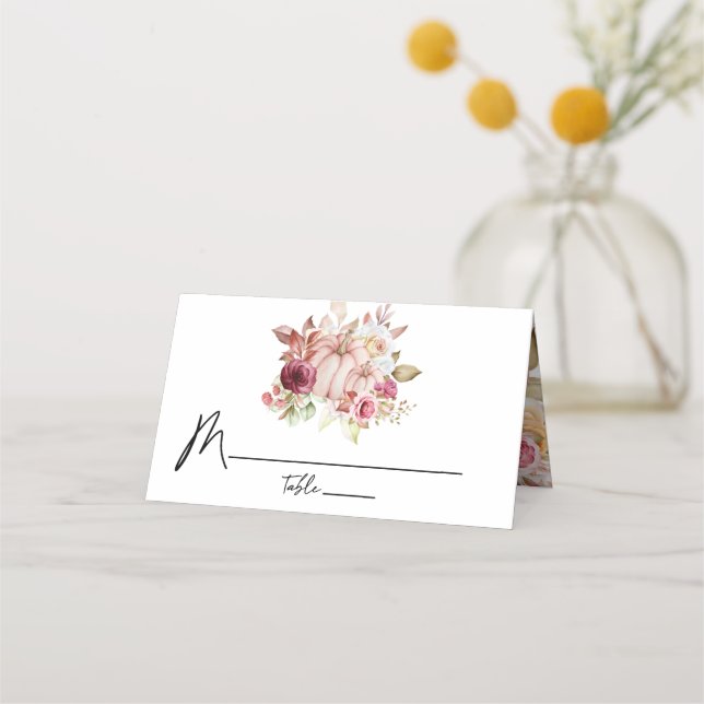 Floral Wedding Herbst Pink Burgundy Pumpkin Platzkarte (Vorderseite)