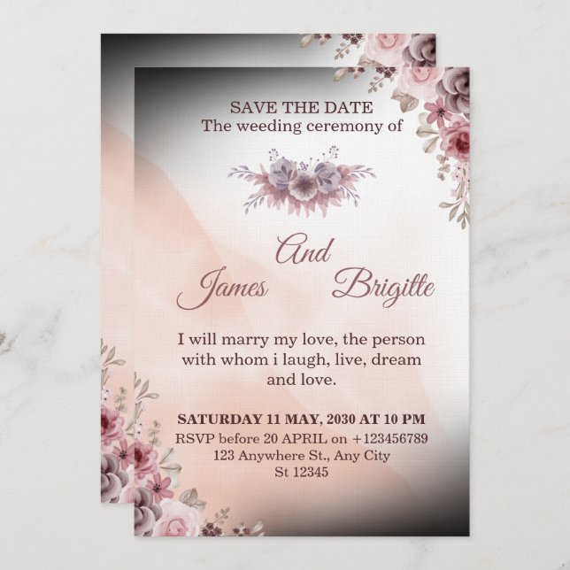 Floral Wedding Invitation CARD modern design (Devant / Derrière)