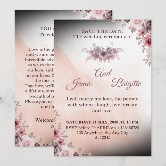 Floral Wedding Invitation CARD modern design Einladung (Vorne/Hinten)