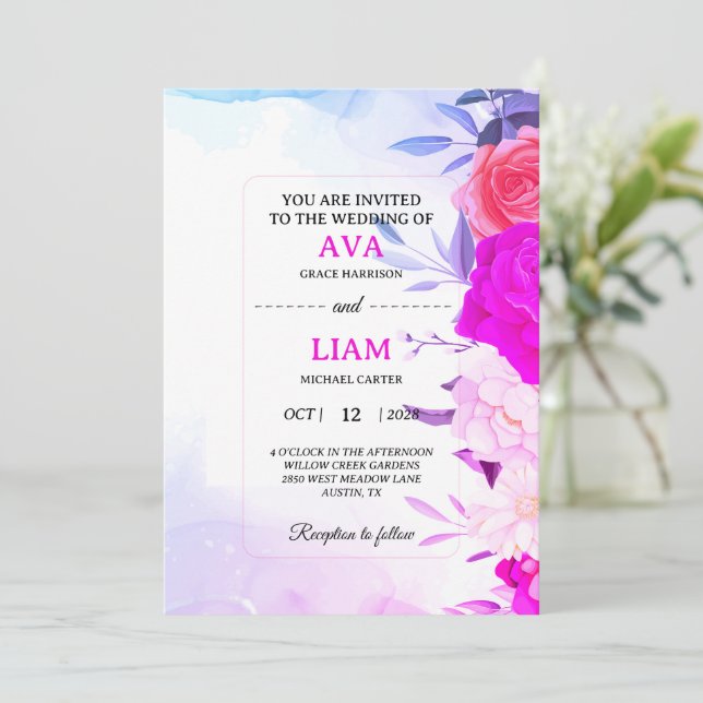Floral Wedding Invitation in Blue & Turquoise Einladung (Stehend Vorderseite)