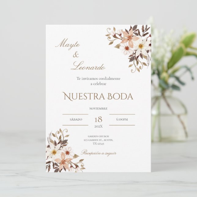  Floral wedding invitation in Spanish Einladung (Stehend Vorderseite)