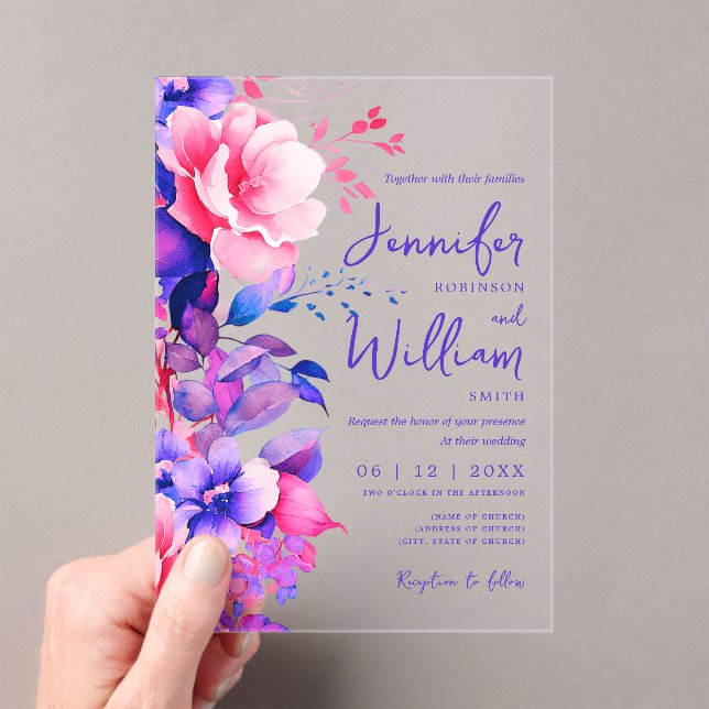 Floral Wedding Modern Script Typografy Lila Acryleinladungen (Insitu (Handheld))