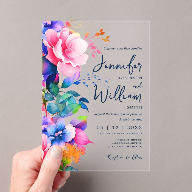 Floral Wedding Modern Script Typografy Rainbow Acryleinladungen (Insitu (Handheld))