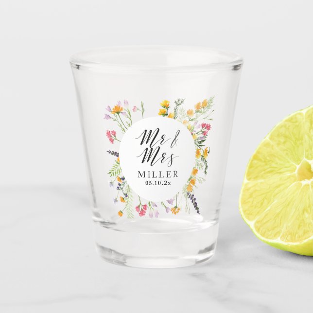 Floral Wedding Mr & Mrs Monogram Shot Glass Gefall Schnapsglas (Vorderseite)