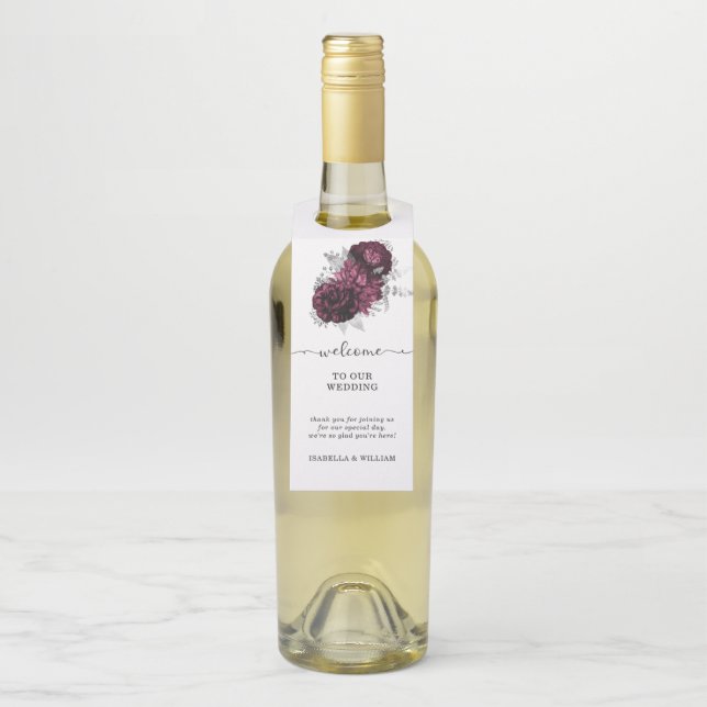 Floral Wedding Personalisiert Burgundy Flaschenanhänger (Auf Flasche)