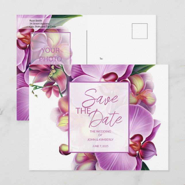 Floral Wedding Save the Date Foto & QR Code Ankündigungspostkarte (Vorne/Hinten)