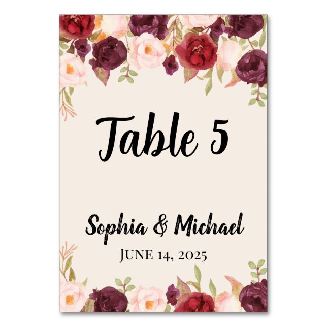 Floral Wedding  Tischnummer (Vorderseite)