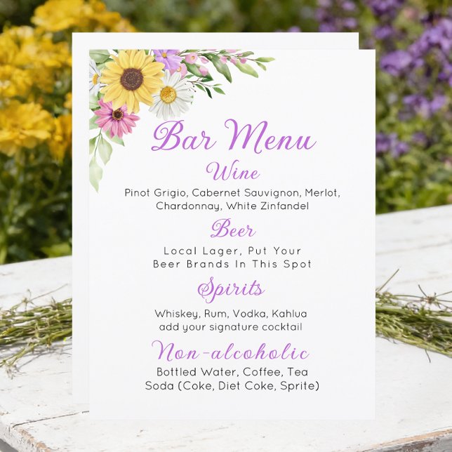 Floral Wedding Wildflower Sunflower Daisy Bar Menu (Von Creator hochgeladen)
