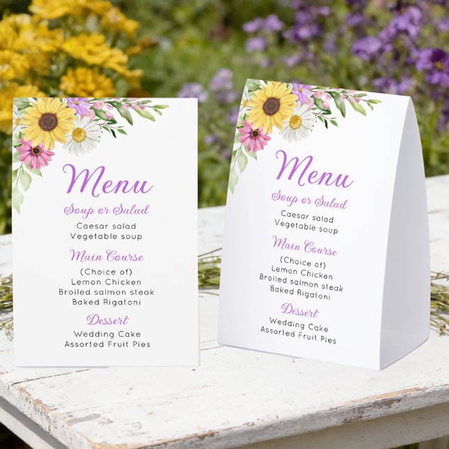 Floral Wedding Wildflower Sunflower Daisy Menu Tischaufsteller (Von Creator hochgeladen)