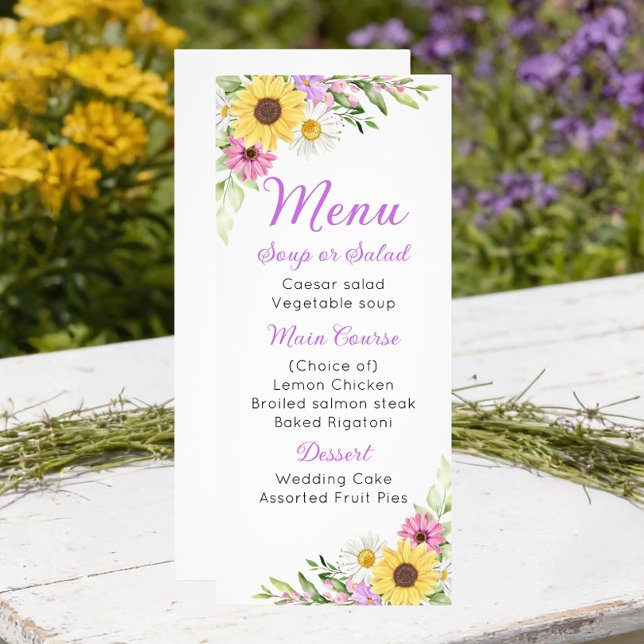 Floral Wedding Wildflower Sunflower Daisy Menu Werbekarte (Von Creator hochgeladen)