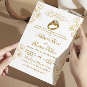 Floral Weiß und Gold Muslimische Islamische Verlob Einladung