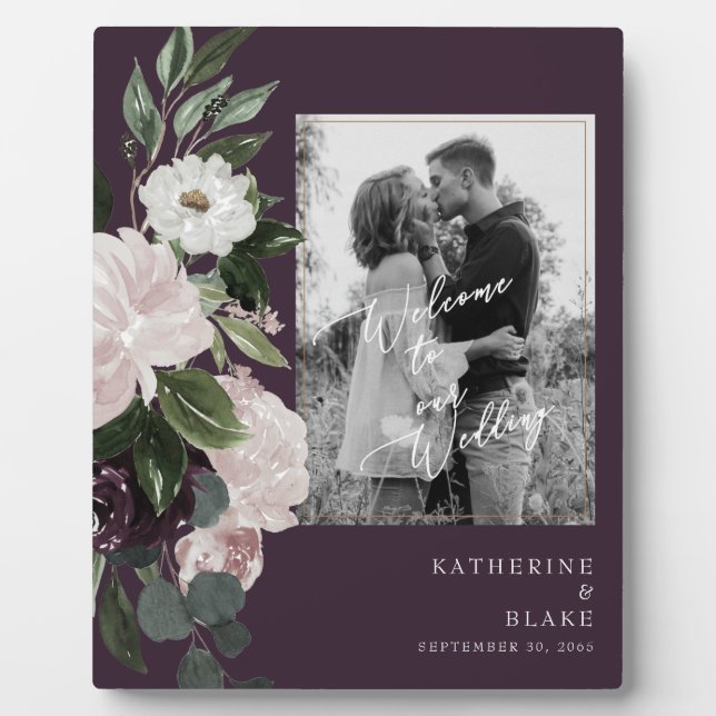Floral Welcome to our Wedding B/W Photo Wine  Fotoplatte (Vorderseite)