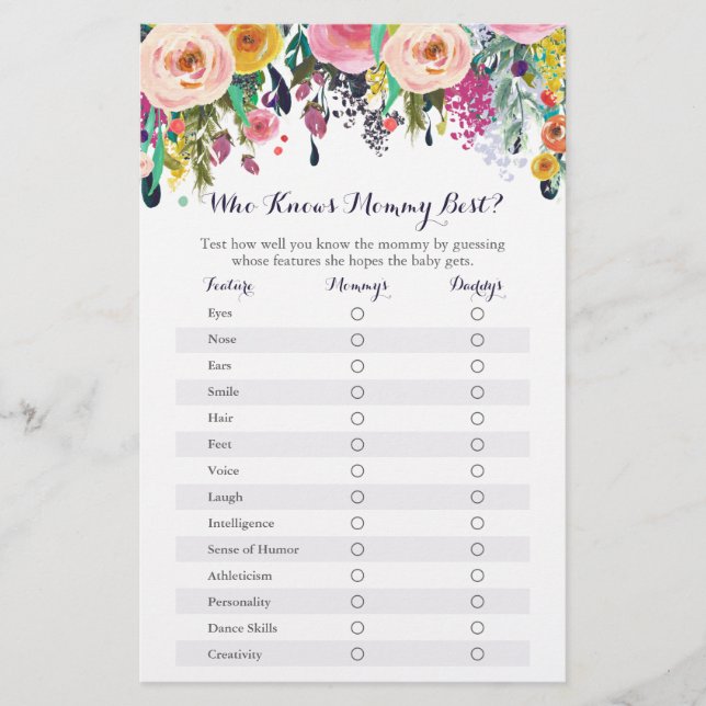 Floral Wer Mommy Best Baby Shower Game kennt (Vorderseite)