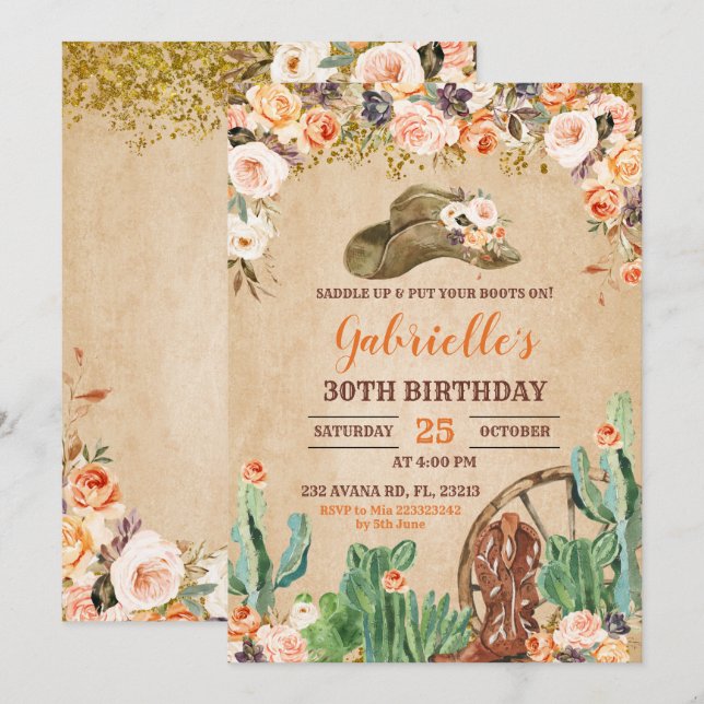 Floral Western Cowgirl Invitation d'anniversaire (Devant / Derrière)