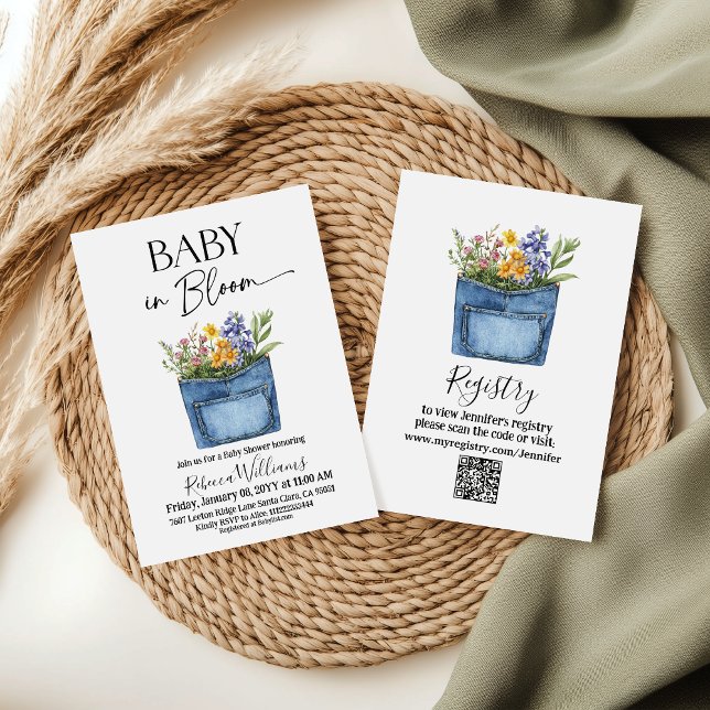 Floral Western Denim Pocket Baby In Bloom Shower Einladung (Von Creator hochgeladen)