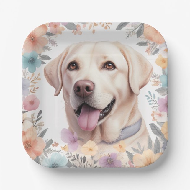 Floral Whimsical Labrador Retriever Illustration Pappteller (Vorderseite)