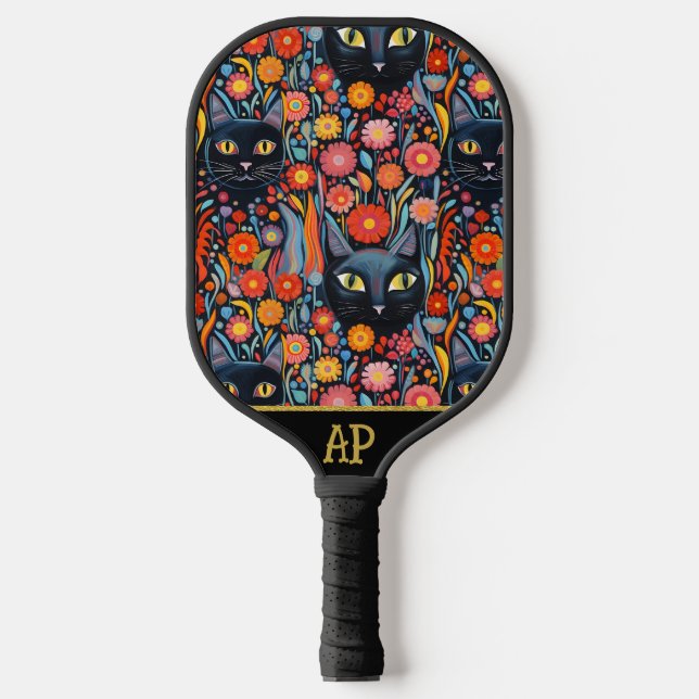 *~* Floral Whimsical Quirky Cat AP68 FOTO 4 Pickleball Schläger (Vorderseite)