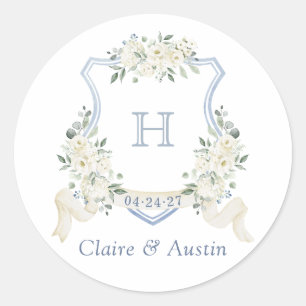 Floral White Elegant Dusty Blue Wappen Umschlag Runder Aufkleber