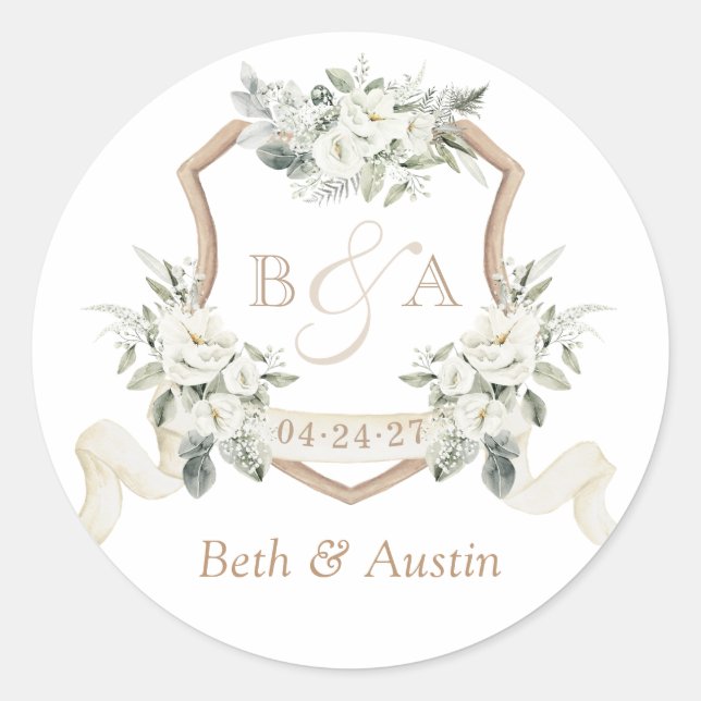 Floral White Elegant Greenery Wappen Umschlag Runder Aufkleber (Vorderseite)