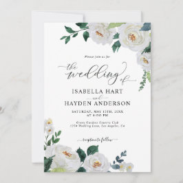 Floral White Emerald Elegante Wasserfarbenhochzeit Einladung