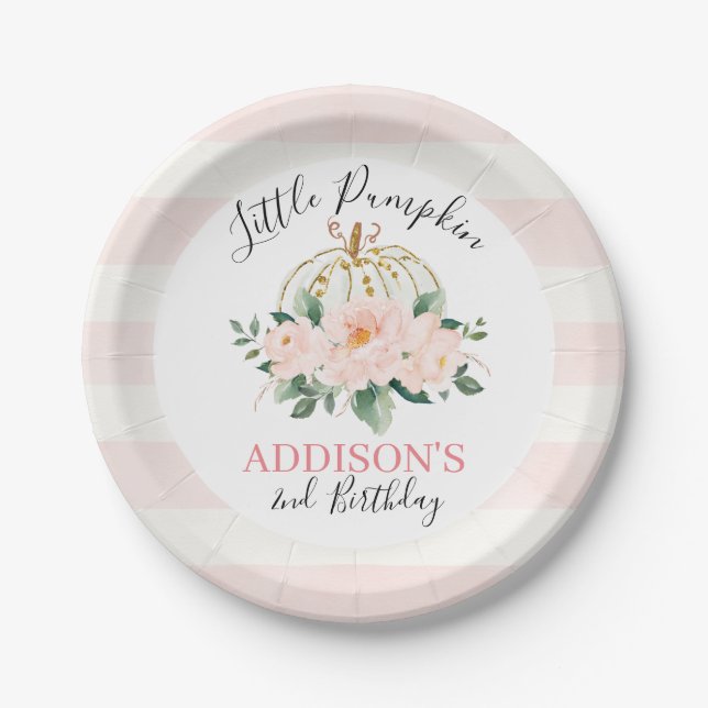 Floral White Gold Pumpkin Birthday Party Pappteller (Vorderseite)