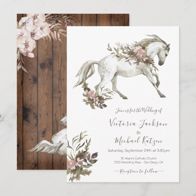 Floral White Horse Ranch Faire-part de mariage (Devant / Derrière)