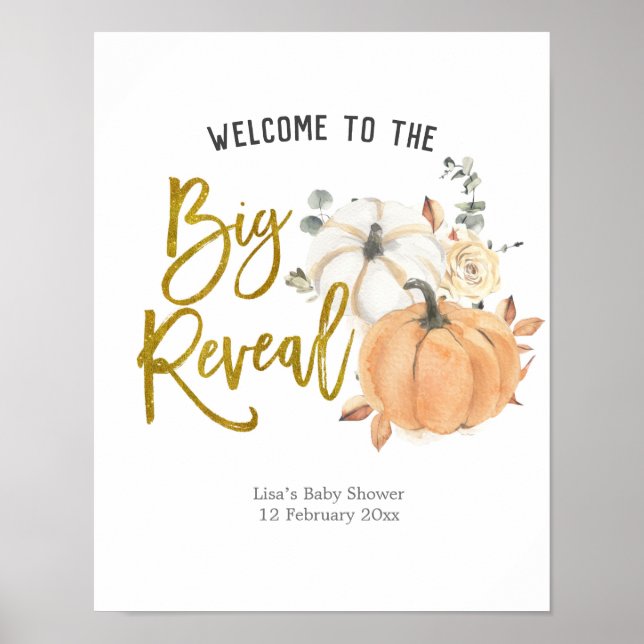 Floral White Pumpkin Gender Reveal Welcome Poster (Vorne)