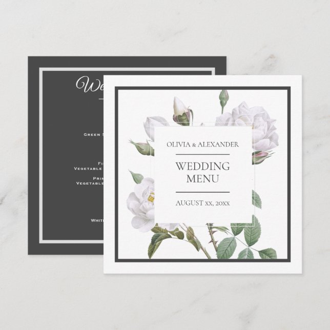 Floral White Roses Elegantes Hochzeitsmenü Menükarte (Vorne/Hinten)