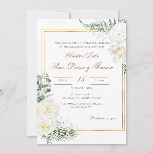 Floral White Spanish Wedding Invitation (Devant)