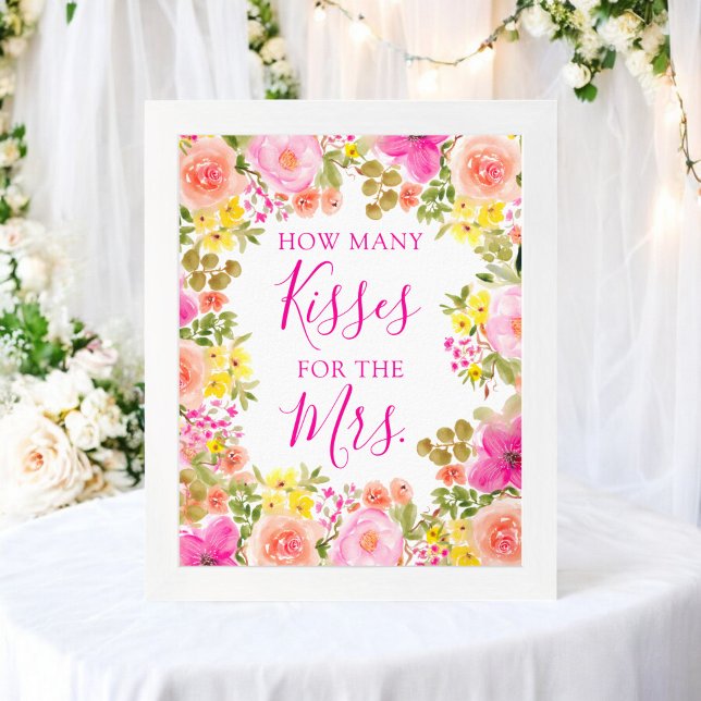 Floral Wie viele Küsse für das Brautparty Poster (Floral How Many Kisses for the Mrs. Bridal Shower Poster)