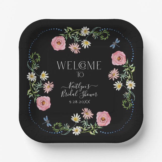 Floral Wildblume Daisy Boho Black Brautparty Pappteller (Vorderseite)