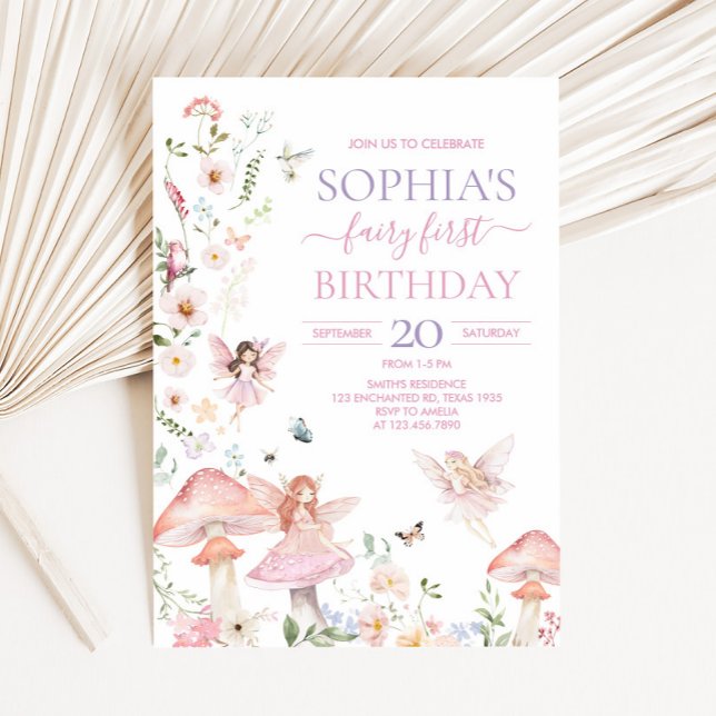 Floral Wildblume Fairy First Birthday Party Einladung (Floral Fairy First Birthday Party Invitation)