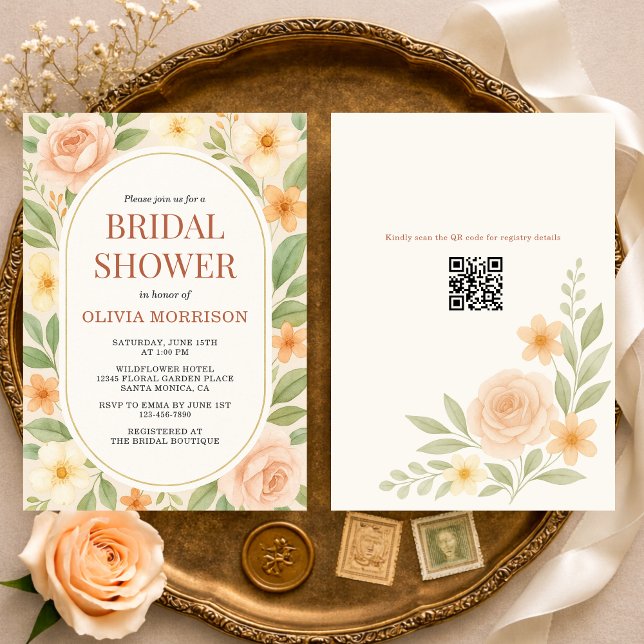 Floral Wildflower Botanical QR Code Bridal Shower Einladung (Von Creator hochgeladen)