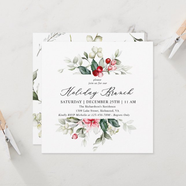 Floral Winter Berries Holiday Brunch Invitation (Devant/Arrière en situation)