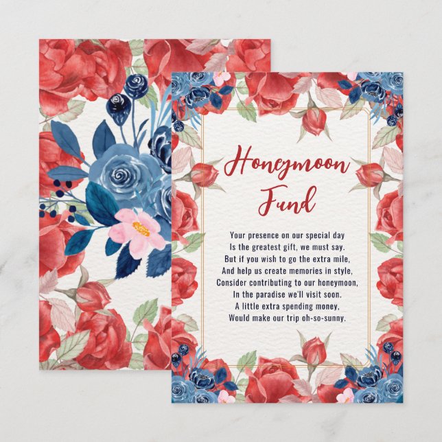 Floral Winter Red Blue Wedding Honeymoon Fund Begleitkarte (Vorne/Hinten)