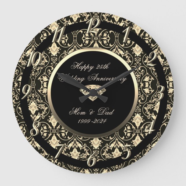 Floral Wirbel Diamond Black 25. Hochzeit Große Wanduhr (Vorderseite)
