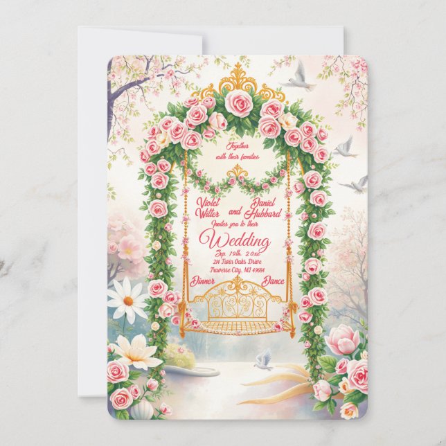Floral with Gold Swing Wedding Invitation Einladung (Vorderseite)