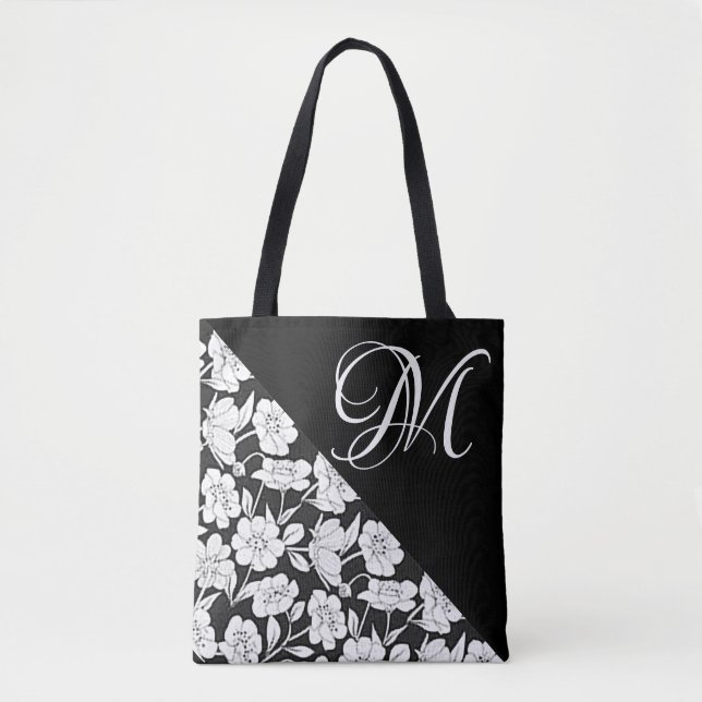 "Floral with White Initial M" Tote Bag Tasche (Vorderseite)