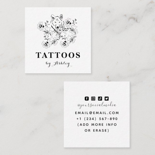 Floral Wolf Face Gezeichnet Black & White Tattoo A Quadratische Visitenkarte (Vorne/Hinten)