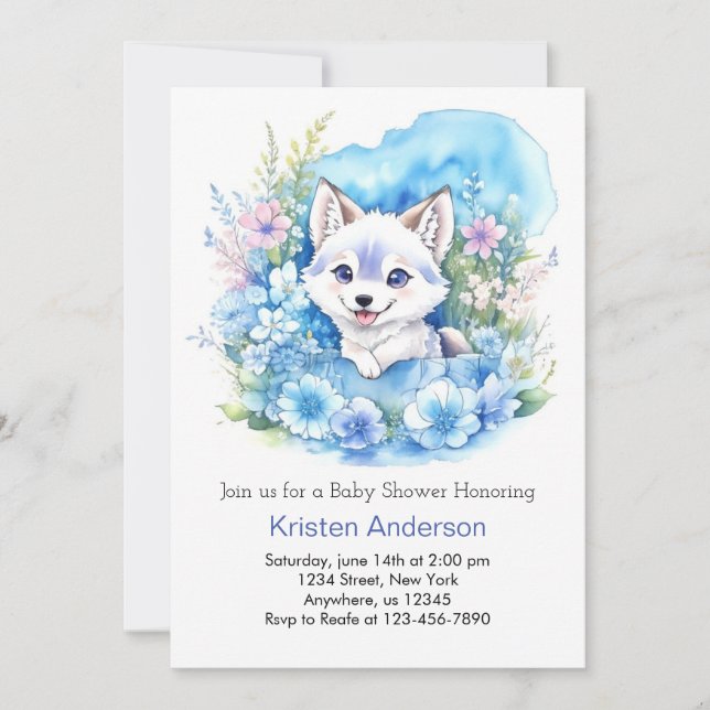 Floral Wolf verzaubert Woodland Boy Babydusche Einladung (Vorderseite)