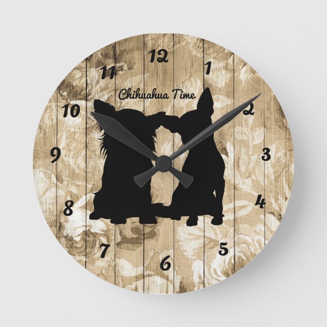 Floral Wood Faux Chihuahua Silhouette Wall Clock Runde Wanduhr (Vorderseite)