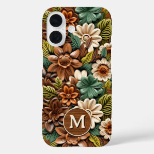 Floral Wood Monogramm Personalisiert iPhone 16 Hülle