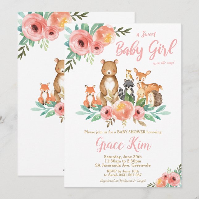 Floral Woodland Animals Baby Shower Forest Girl Einladung (Vorne/Hinten)